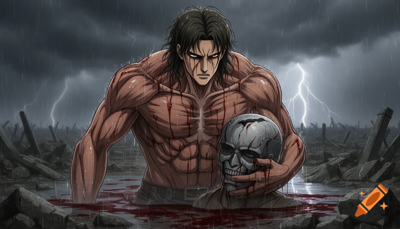 Anime style illustration of a muscular man covered in blood, standing in bloody water, holding a broken skull mask in a desolate, rainy battlefield.