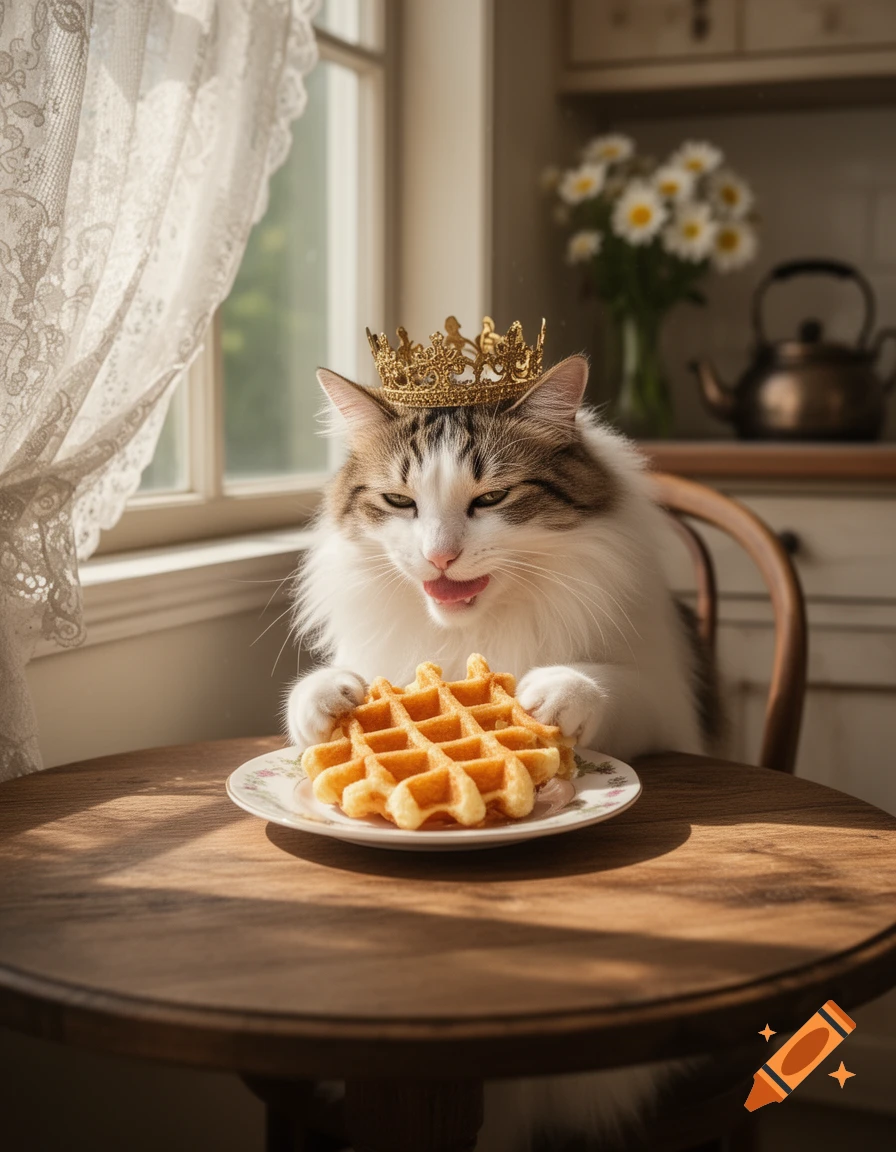 A fluffy cat wearing a gold crown sits at a wooden table, eagerly looking at a waffle on a plate.
