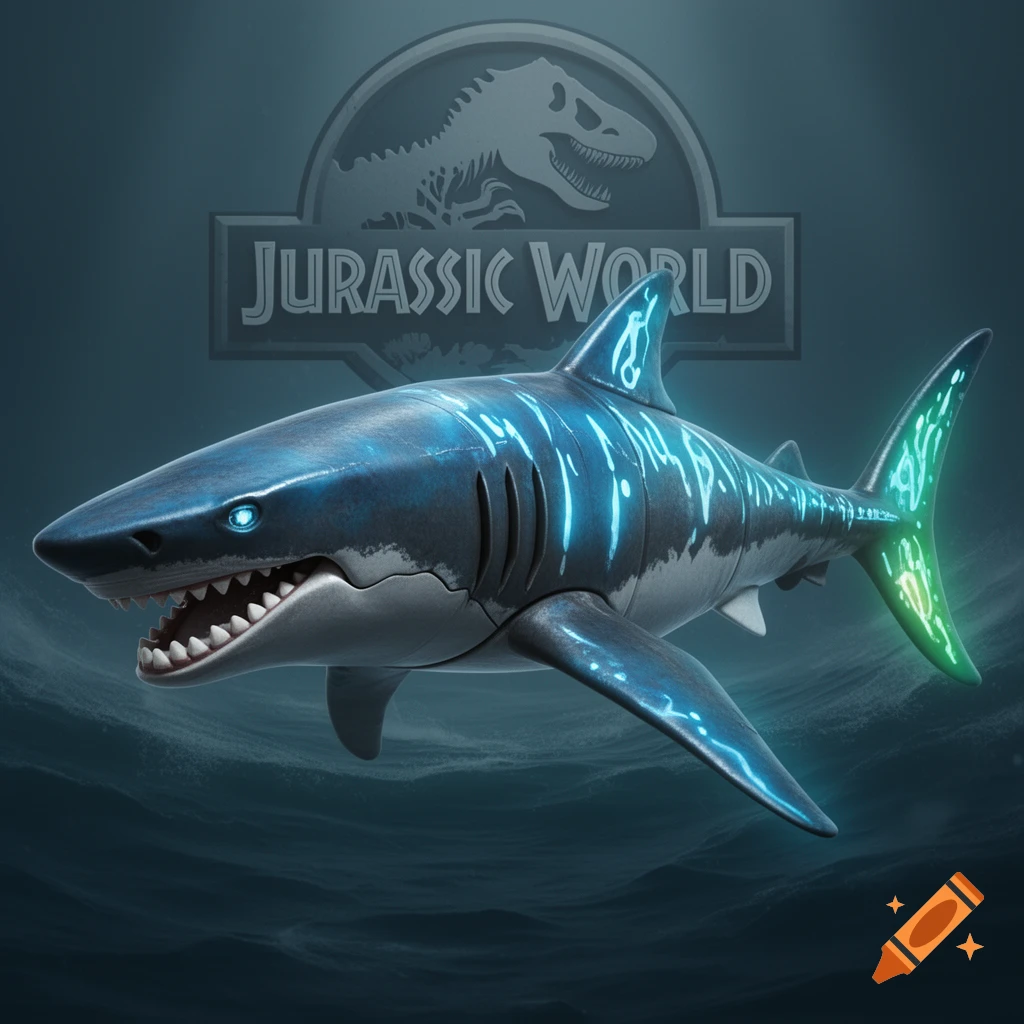 A glowing blue and green stylized shark with sharp teeth, with the Jurassic World logo in the background.
