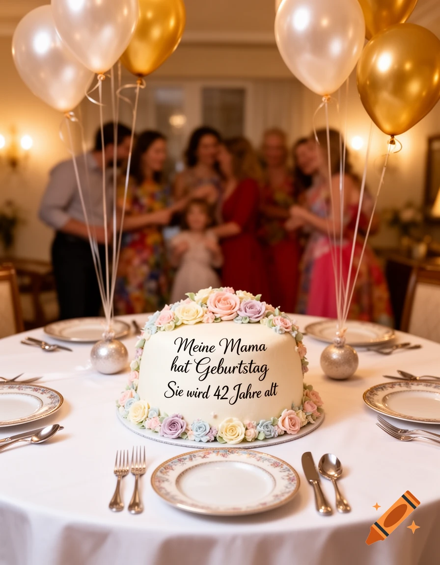 A white birthday cake decorated with pastel roses and the German text 'Meine Mama hat Geburtstag Sie wird 42 Jahre alt' on a dining table with place settings, balloons, and blurred guests in the background.