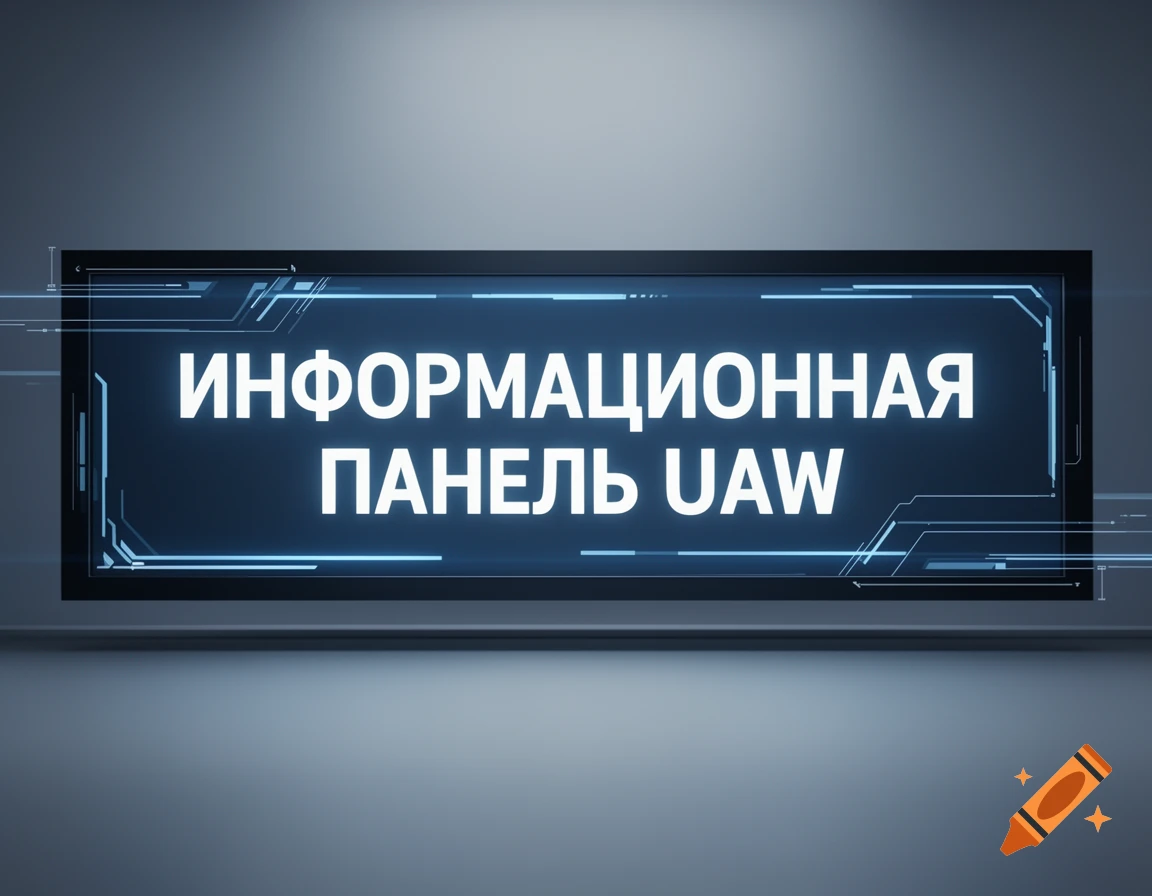 A glowing blue digital information panel displays 'ИНФОРМАЦИОННАЯ ПАНЕЛЬ UAW' with circuit patterns on a gray wall.