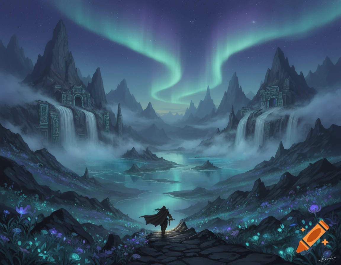 A lone figure in a cloak walks through a mystical valley under the aurora borealis, past waterfalls cascading from ancient, carved structures on misty mountains.
