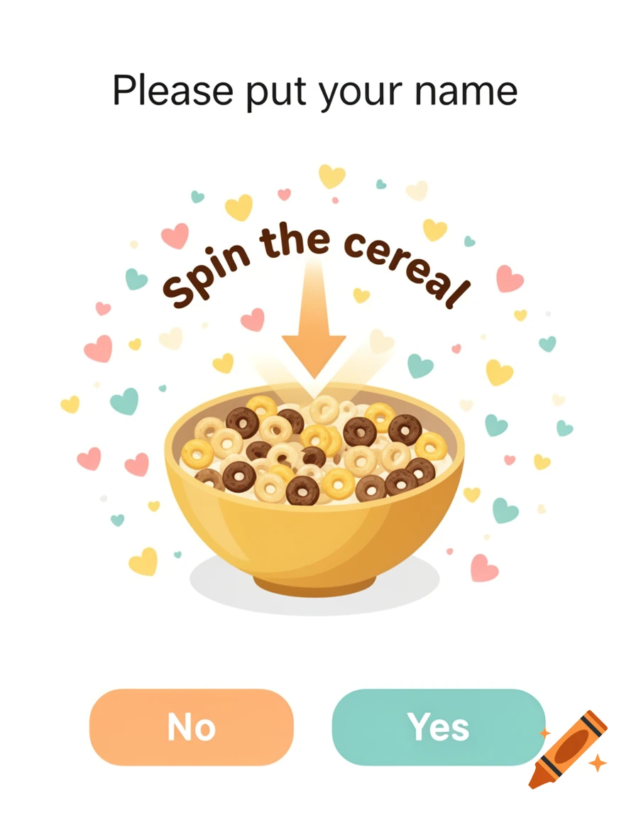 Cartoon app interface with a cereal bowl, hearts, an arrow, 'Please put your name', 'Spin the cereal' text, and 'No'/'Yes' buttons.