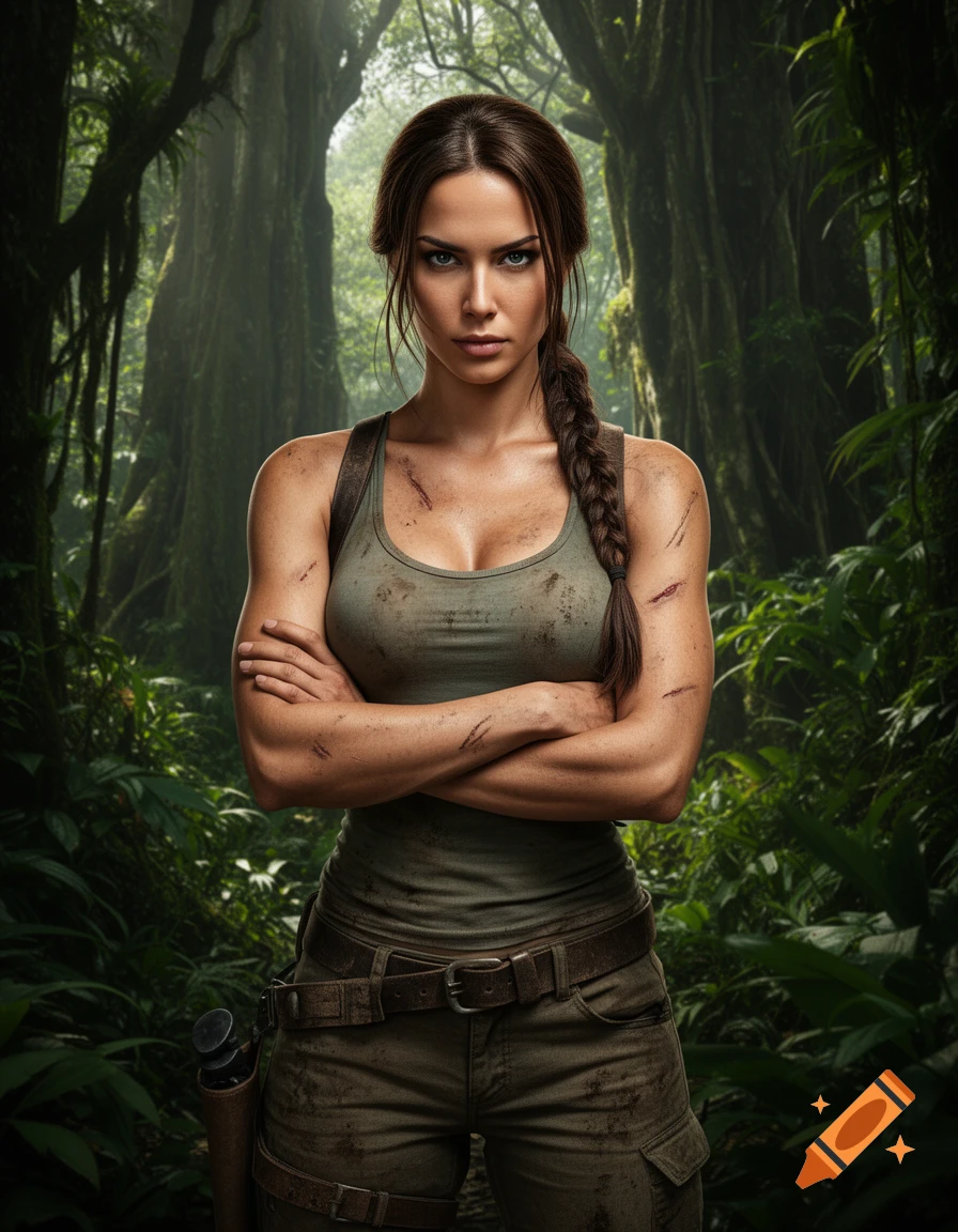 Photorealistic portrait of Lara Croft from the survivor trilogy, standing in a jungle with arms crossed, looking determined.