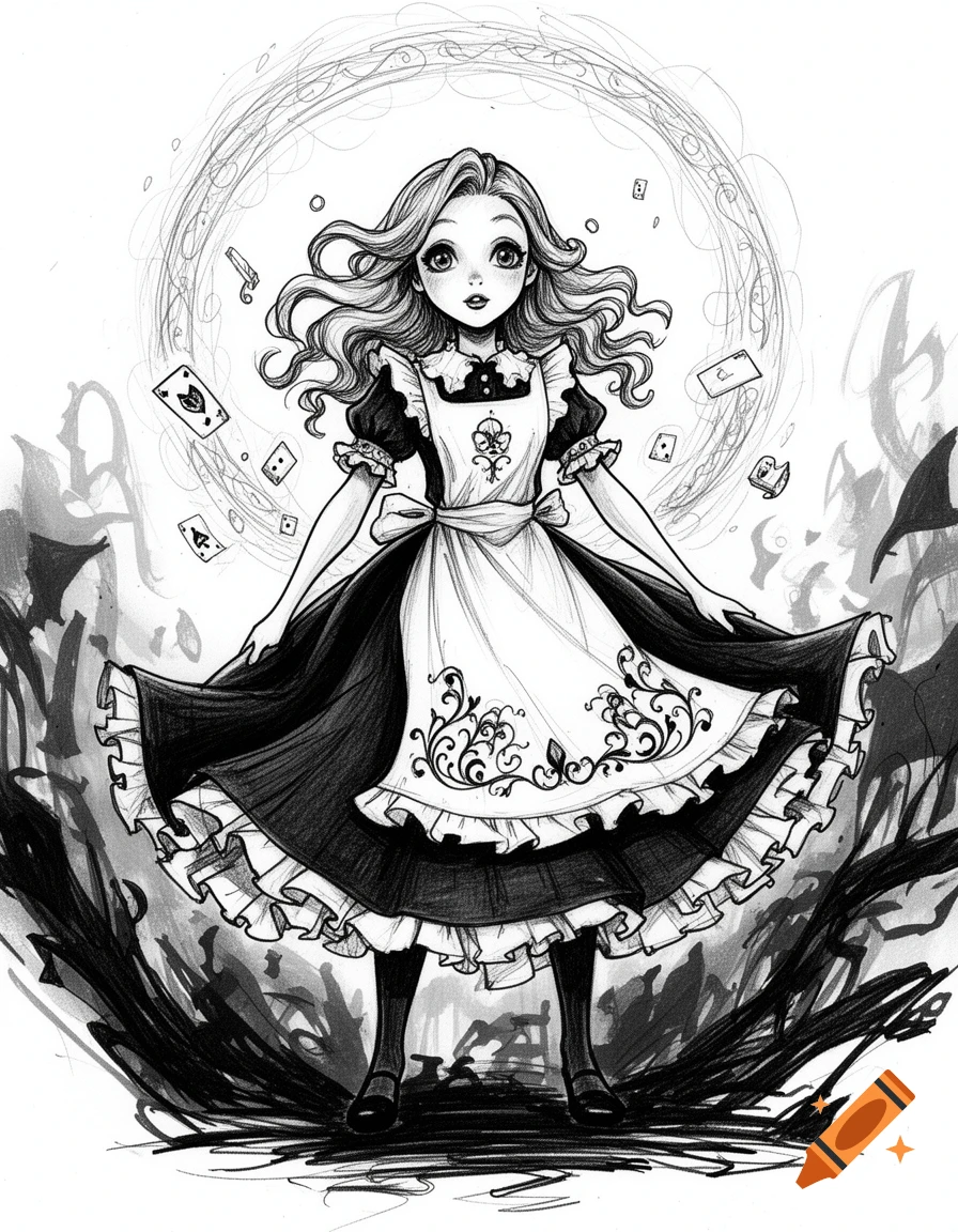 Black and white marker sketch of a stylized Alice from Alice Madness Returns in a frilly dress, surrounded by playing cards and dark abstract elements.