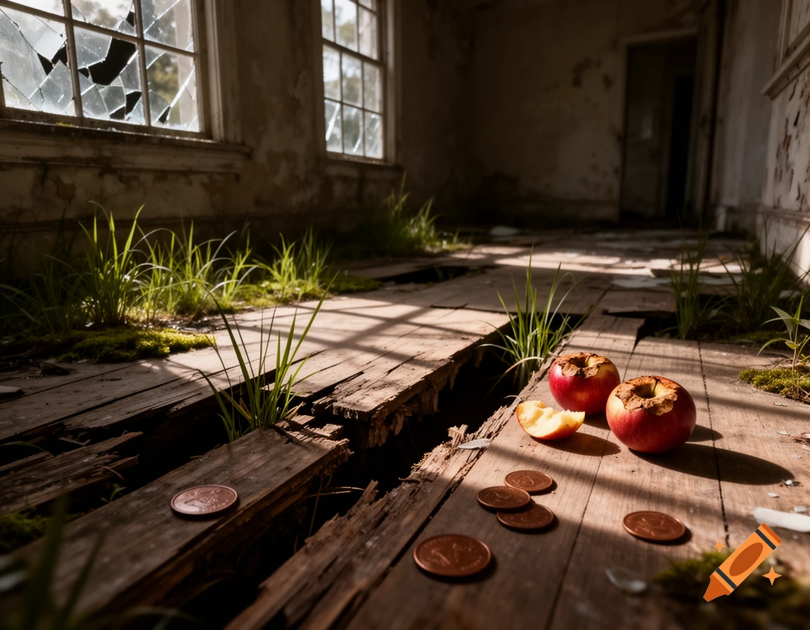 Sunlit ruined house interior with grass growing through broken wood floors. Shattered windows, red apples, and scattered coins.