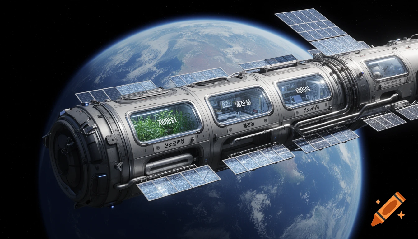 A detailed space station module with solar panels and labeled sections like 'cultivation room' and 'control room' orbits a blue Earth.