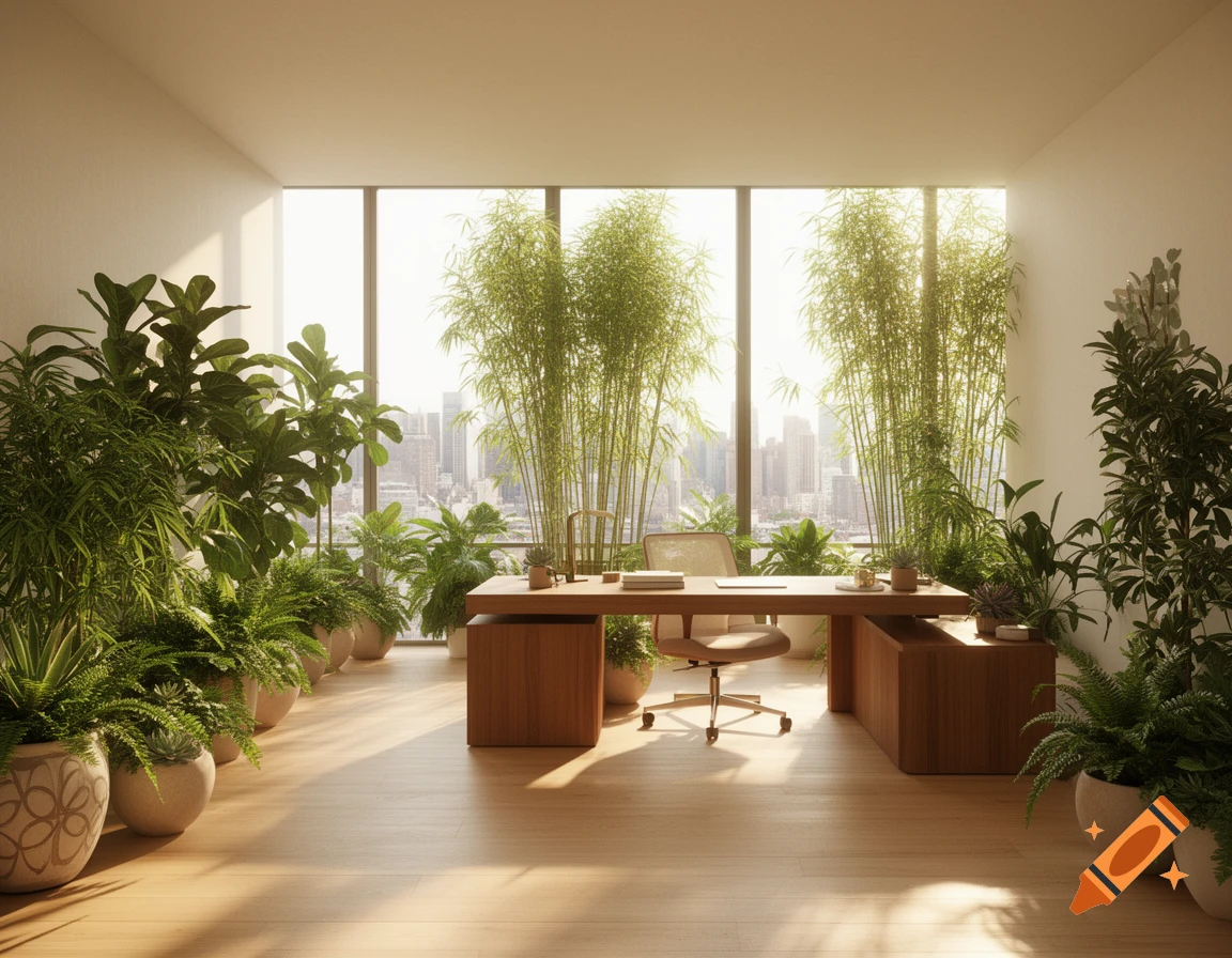 A modern, bright office with many green plants, wooden furniture, and large windows looking out onto a cityscape.