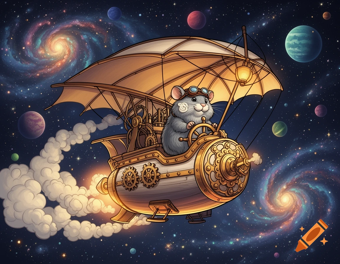 A grey hamster wearing goggles pilots a steampunk airship with an umbrella canopy through vibrant space with planets and galaxies.