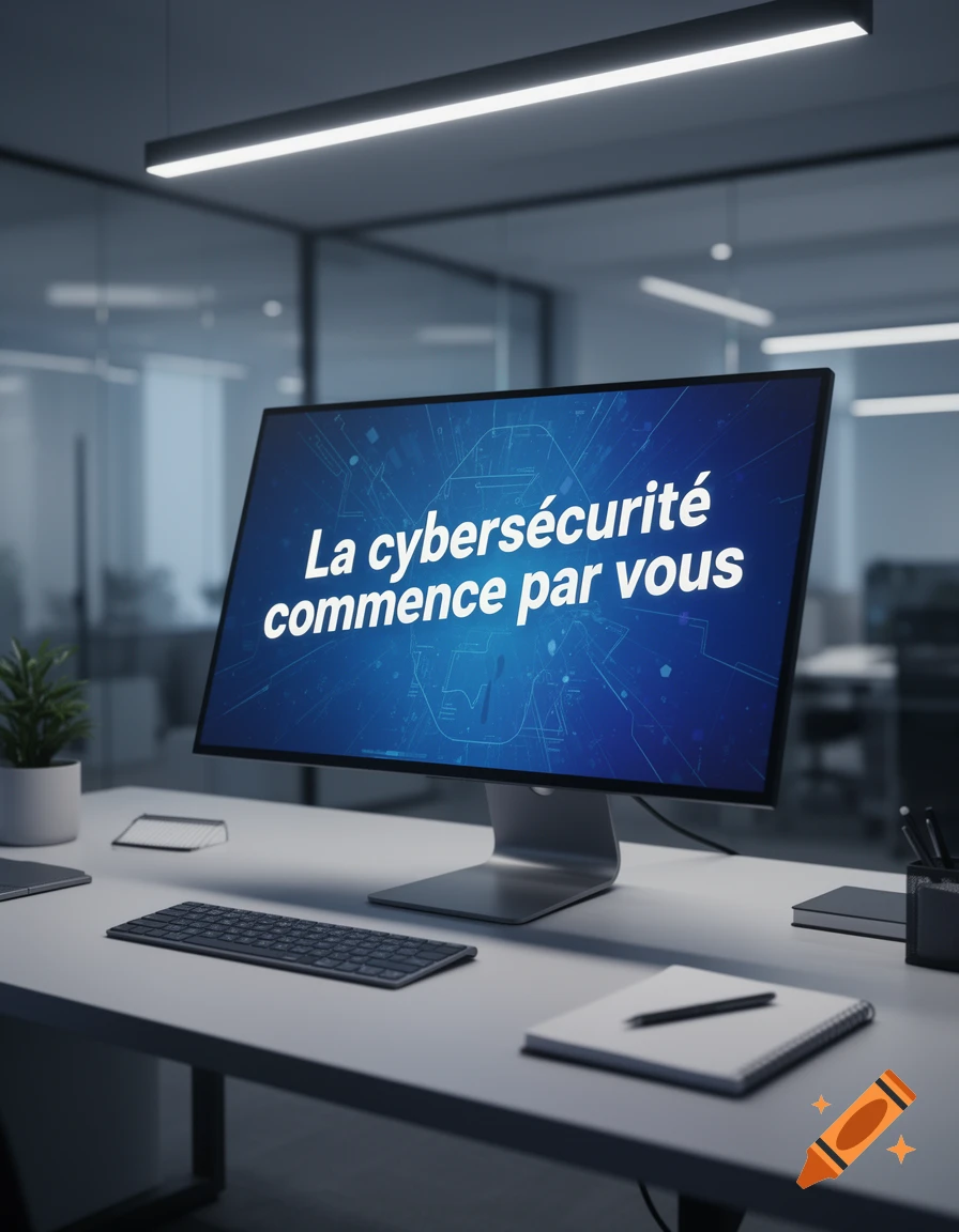 A modern office desk with a large monitor displaying the text "La cybers ecurite commence par vous" on a blue background.
