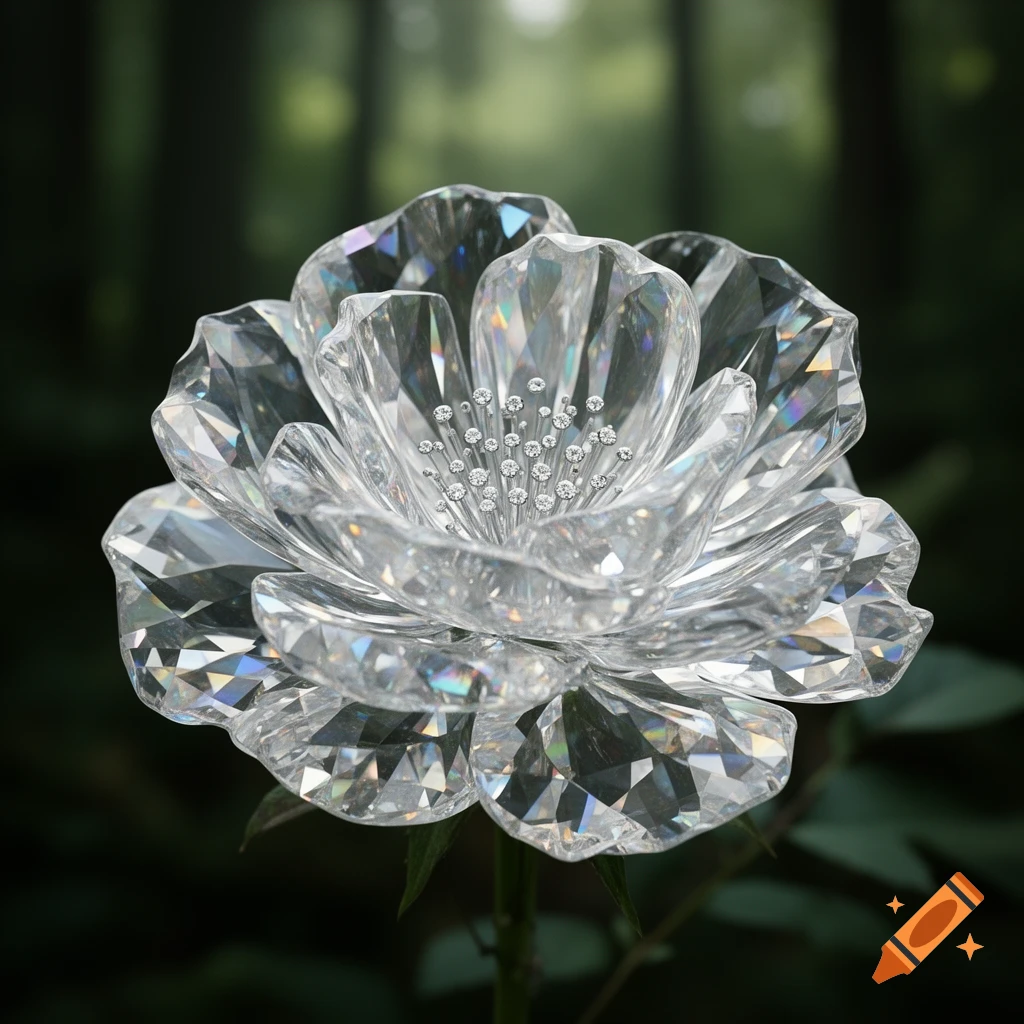 A close-up of a sparkling crystal flower with many facets, resembling a rose, against a dark, blurred green background.