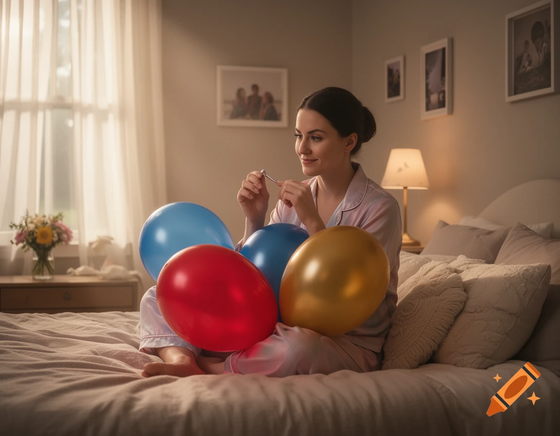 A woman in pajamas sits on a bed with red, blue, and gold balloons, holding a pin.