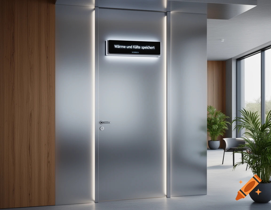 A modern brushed metal door with a glowing sign reading "Wärme und Kälte speichert" in a sleek office hallway with wooden accents and potted plants.