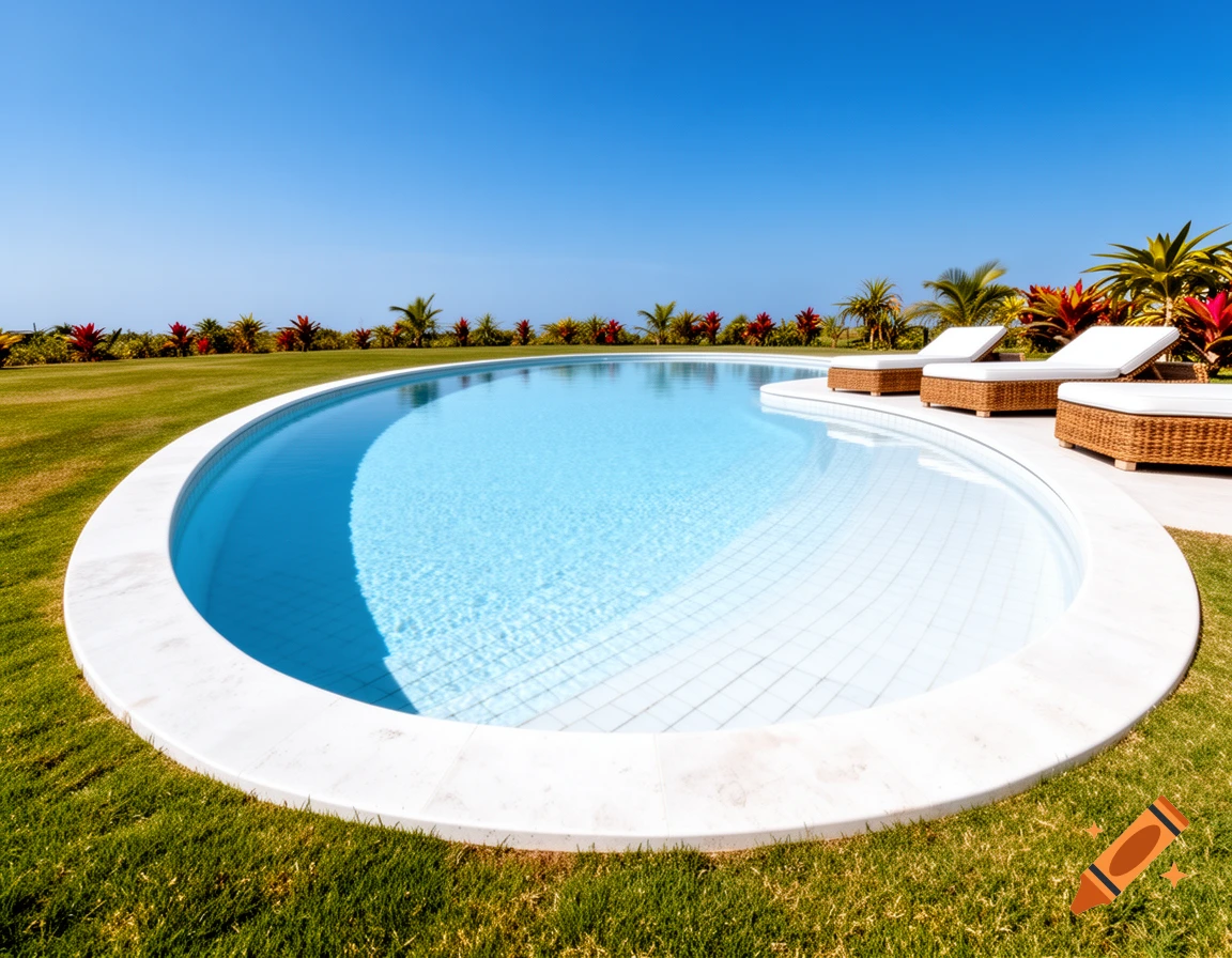An inviting oval swimming pool with white marble coping, clear blue water, surrounded by lush green grass and tropical plants under a vibrant blue sky.