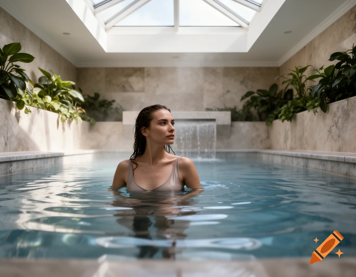 A woman with wet hair stands in a serene indoor pool with lush plants, a skylight, and a small waterfall.