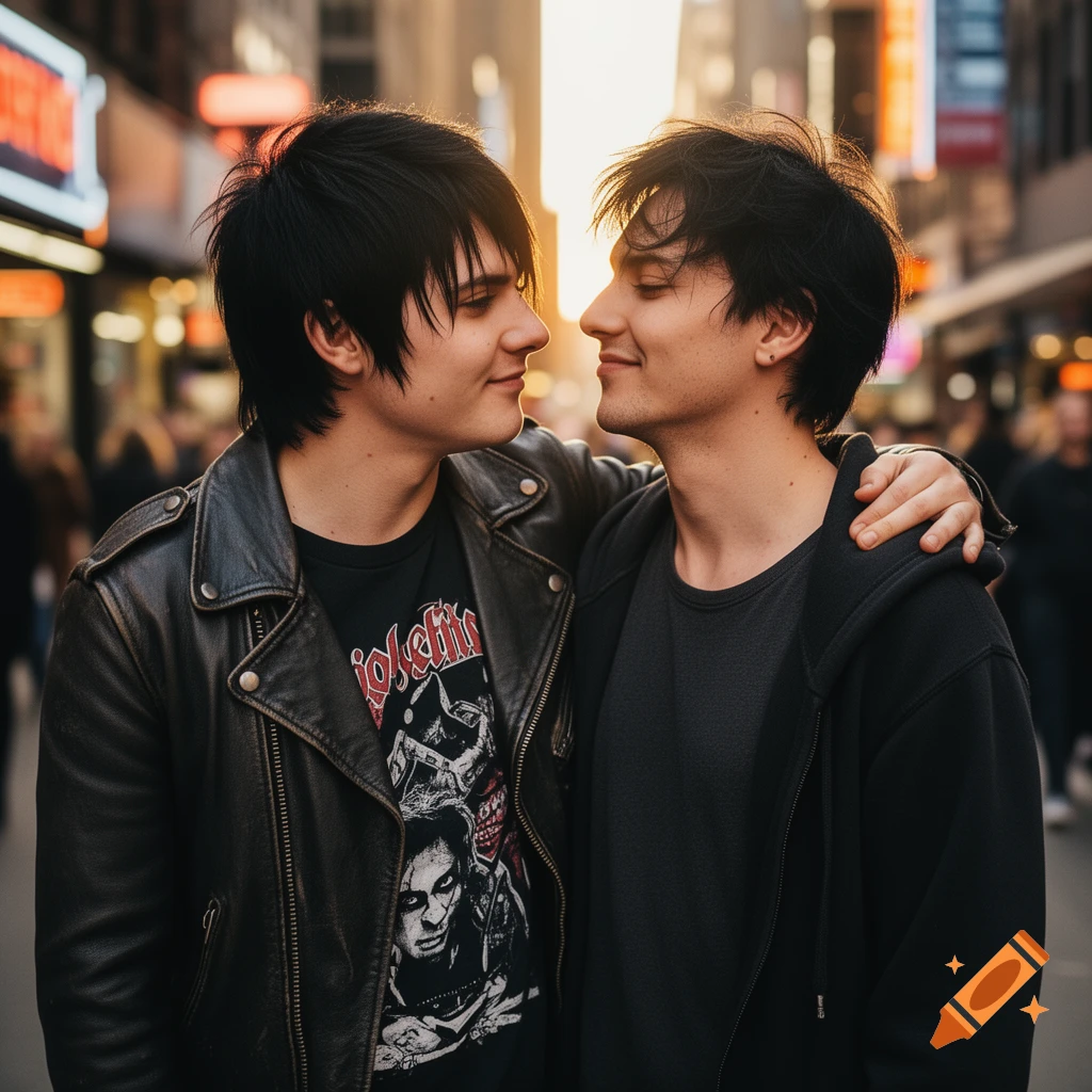 A photorealistic portrait of two young men with dark hair, looking at each other closely, standing on a bustling city street during golden hour. One wears a leather jacket and a graphic t-shirt, the other a dark hoodie.