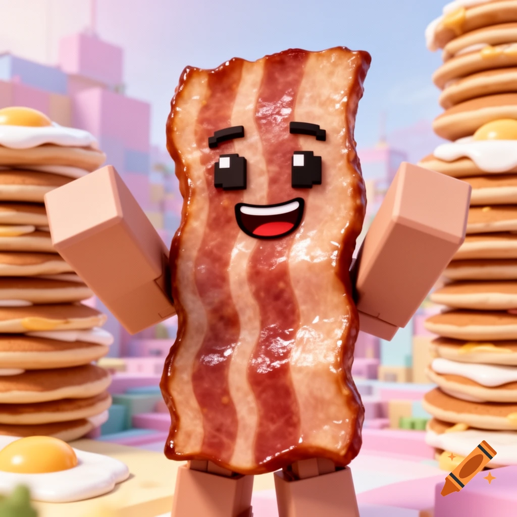 A smiling, anthropomorphic bacon strip character with blocky arms and legs stands among tall stacks of pancakes in a colorful 3D cartoon style.