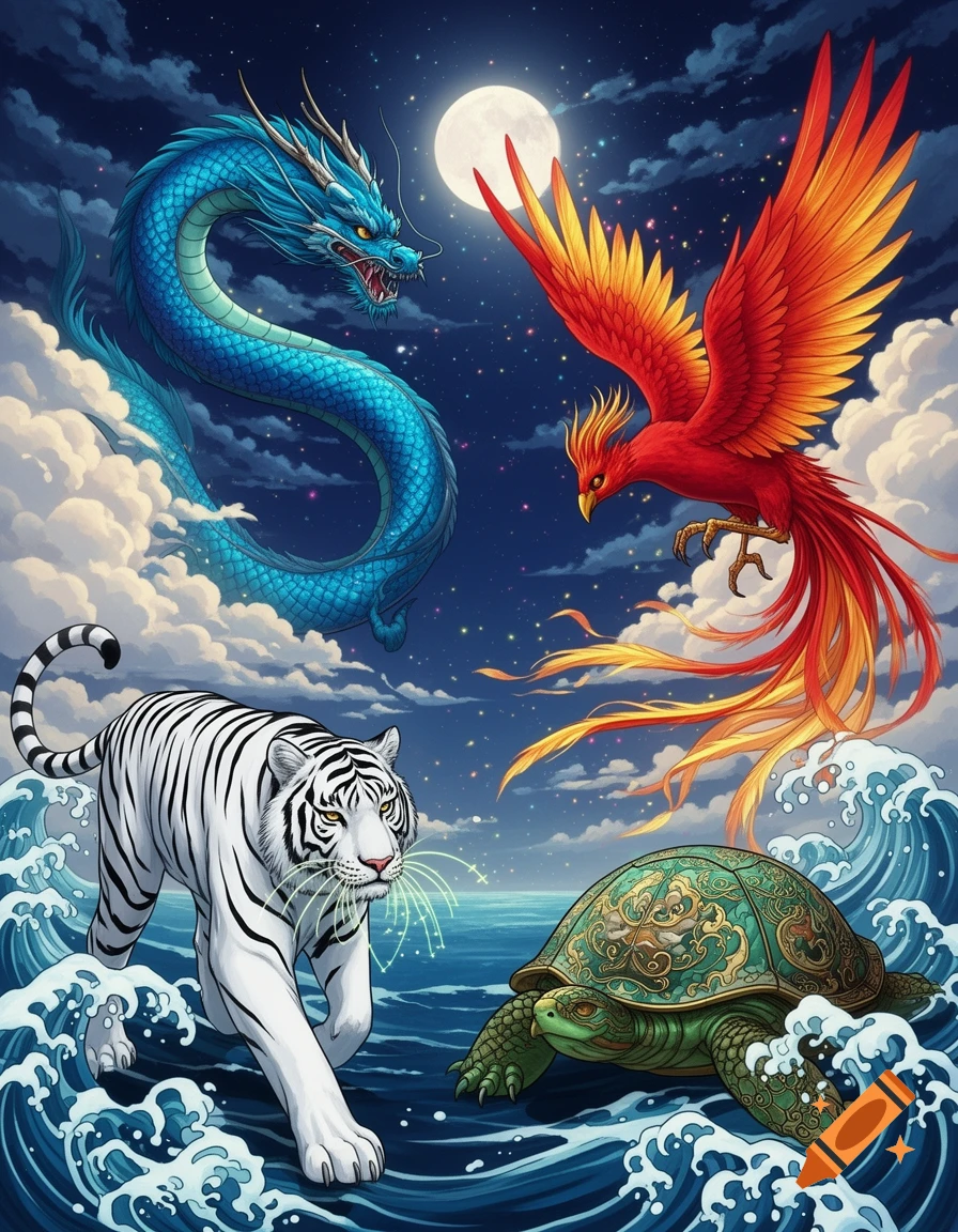 A vibrant Japanese-style illustration of a blue dragon, red phoenix, white tiger, and green turtle against a starry night sky with a full moon, clouds, and ocean waves.