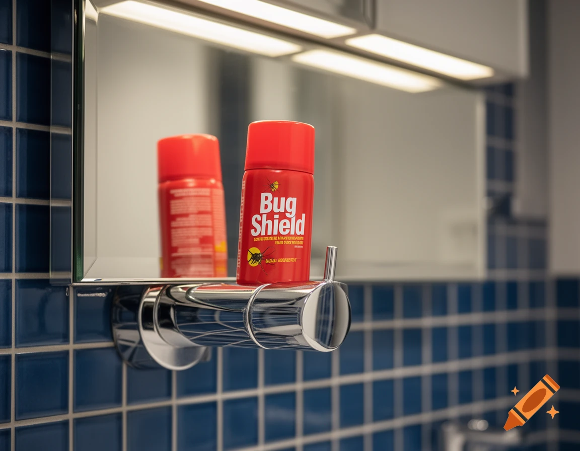 A red can of Bug Shield spray sits on a chrome holder mounted on a mirror in a blue tiled bathroom.