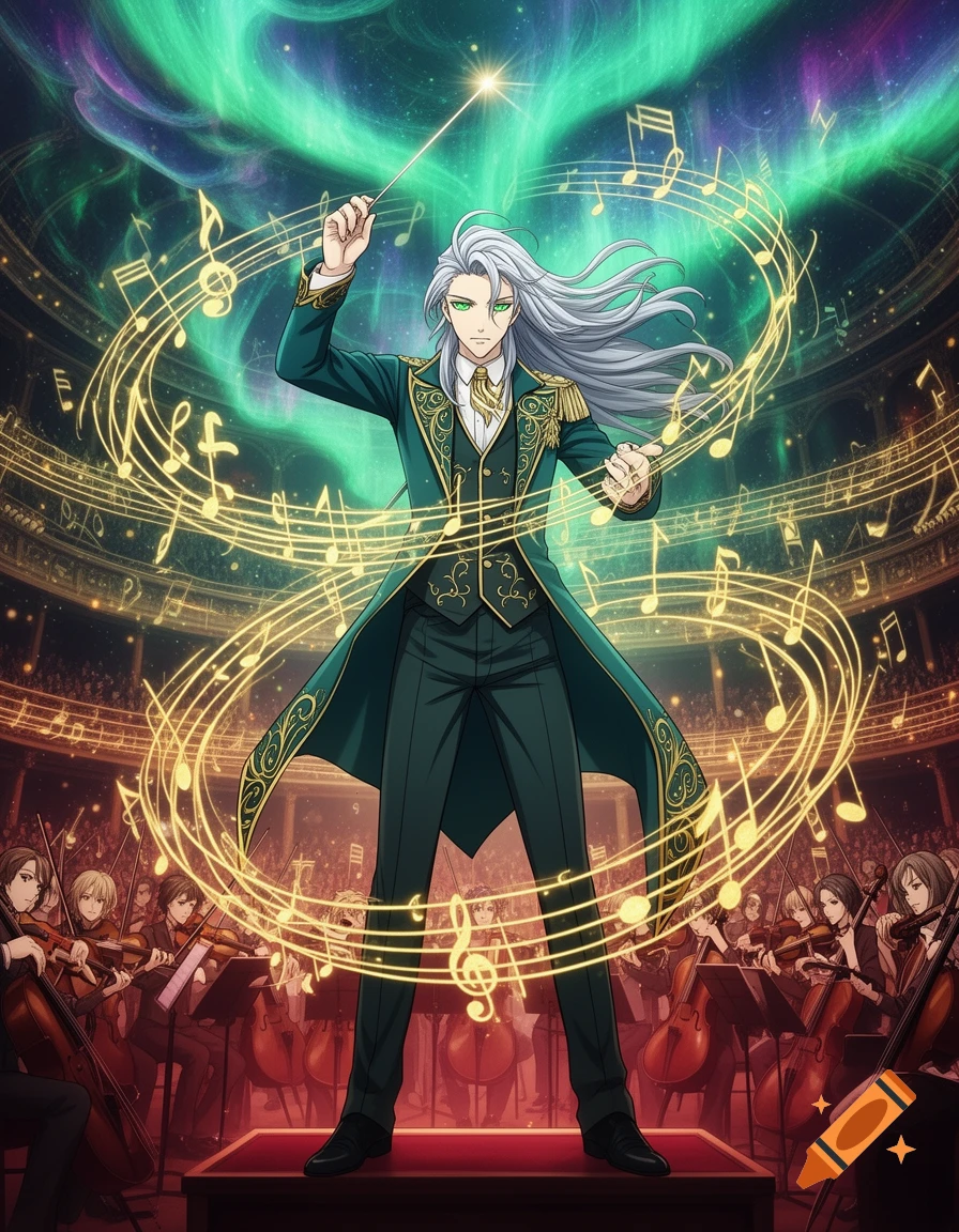 An anime conductor in a teal uniform leads an orchestra, surrounded by glowing musical notes and an aurora borealis sky.