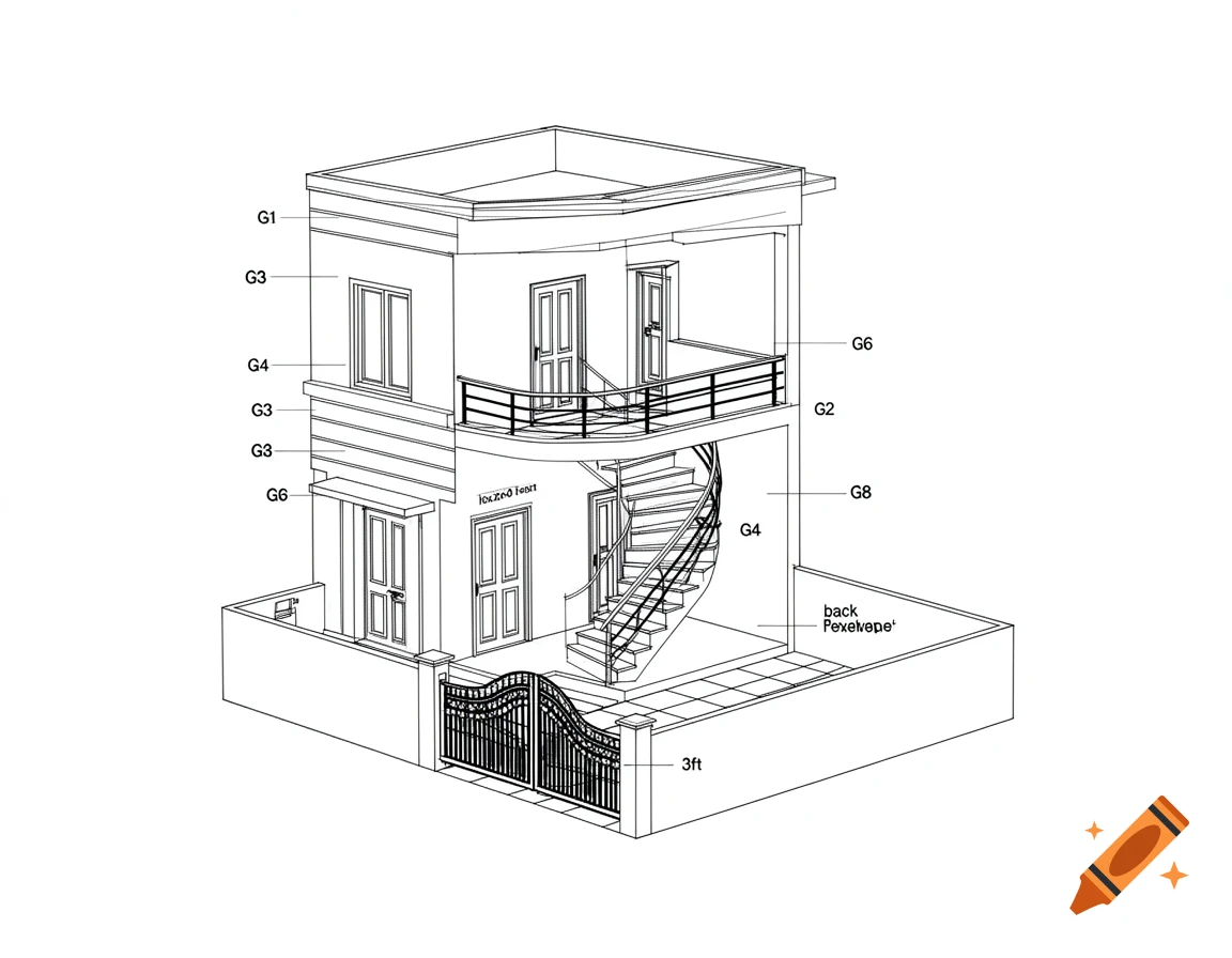 Architectural line drawing of a G+1 Indian house in blueprint style, with doors and features labeled, on a white background.