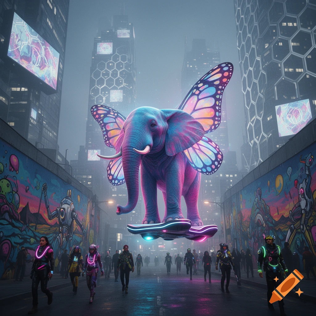 A neon-lit blue and pink elephant with large butterfly wings rides a hoverboard down a misty, futuristic city street with glowing graffiti and diverse pedestrians.