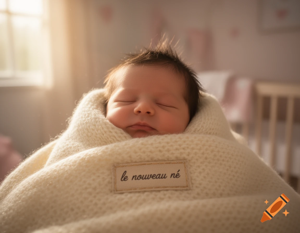 Close-up photorealistic portrait of a sleeping newborn baby wrapped in a cream knitted blanket, with a label on it. Soft light streams from a window in the background.