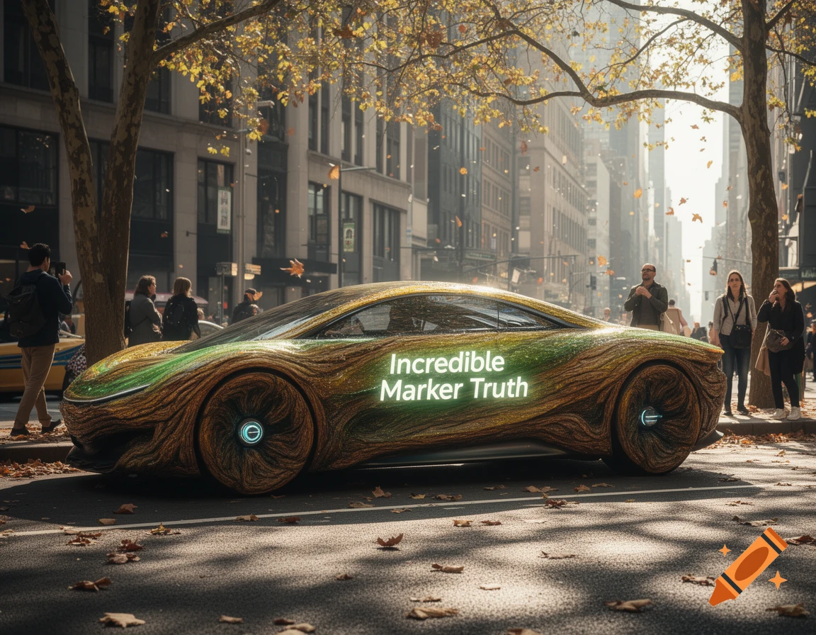 A futuristic, wood-textured car with "Incredible Marker Truth" on its side, parked on an autumn city street with fallen leaves.
