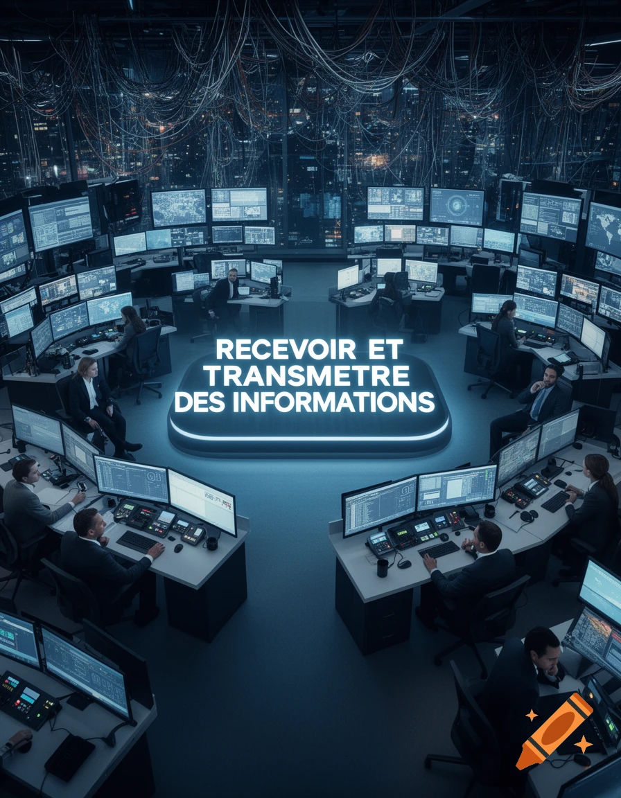 A photorealistic, high-angle view of a futuristic control room with multiple glowing screens and people working. Central text reads "RECEVOIR ET TRANSMETTRE DES INFORMATIONS" (Receive and transmit information).
