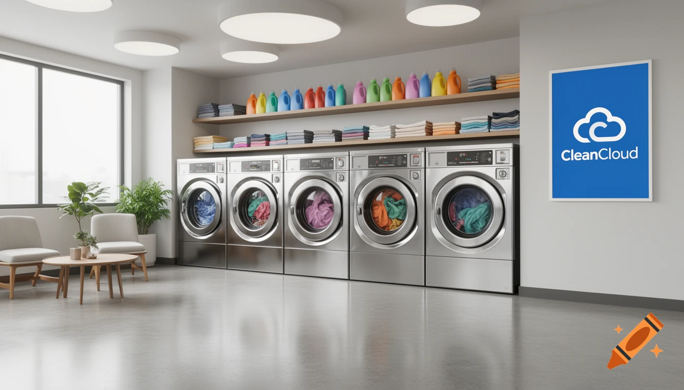 Photorealistic image of a modern laundromat with a row of washing machines, a waiting area, and a "CleanCloud" logo on the wall.