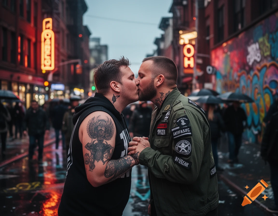 Two tattooed men kiss on a rainy city street lined with neon signs and graffiti, people with umbrellas in the background.