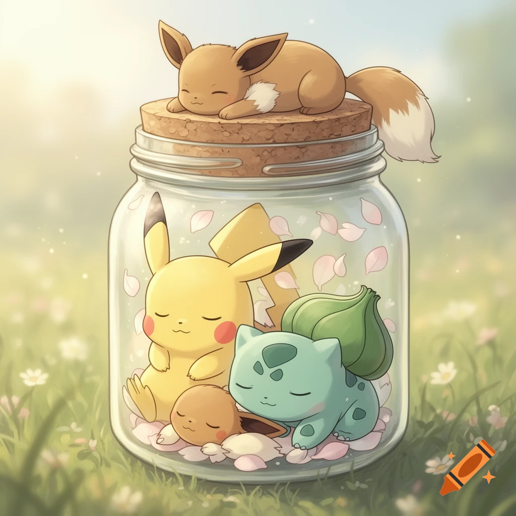 Cute illustration of sleeping Eevee on a cork lid, with Pikachu, Bulbasaur, and another Eevee sleeping inside a mason jar filled with pink petals in a grassy setting.