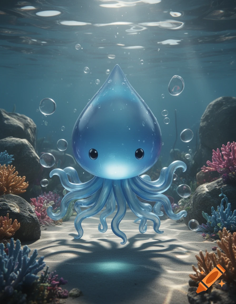 A cute, stylized blue octopus-like creature with a tear-drop head, glowing underwater amidst colorful coral and rocks, with light rays shining from above.