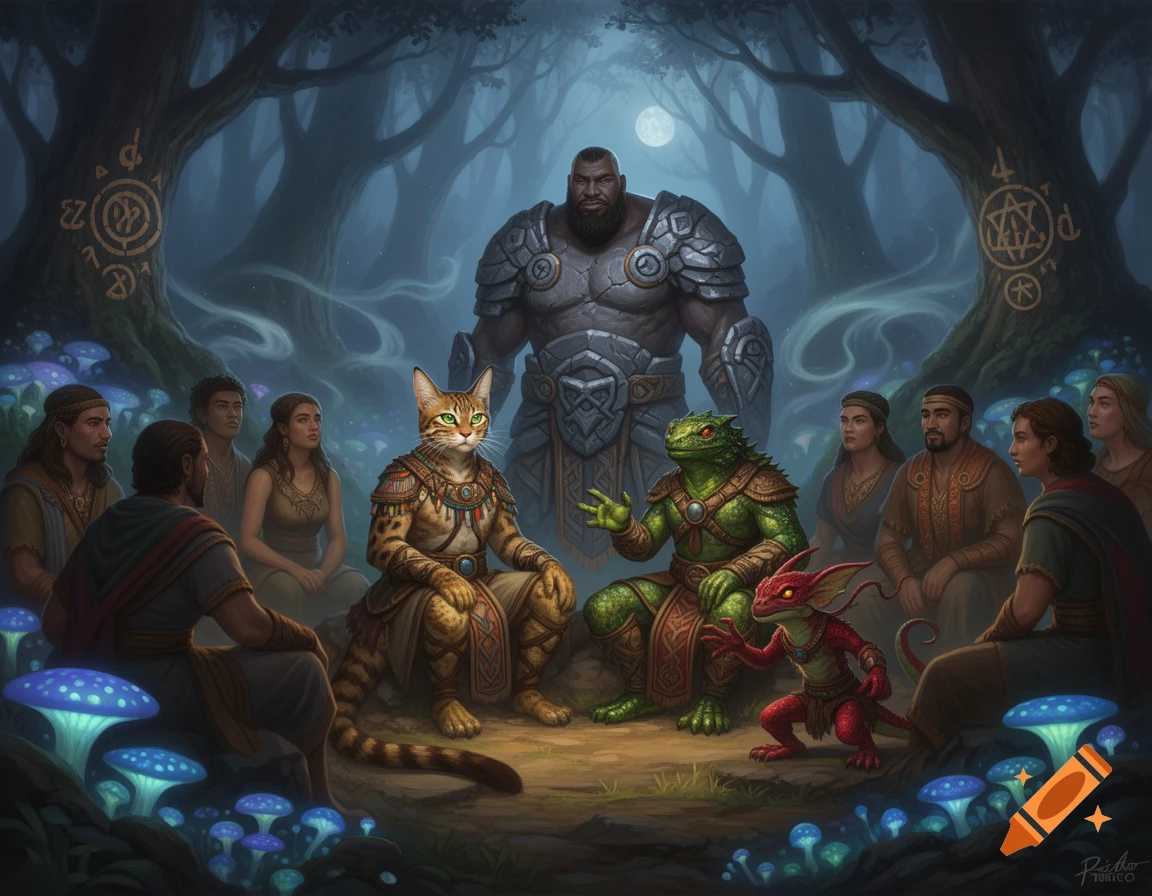 A fantasy D&D council in a mystical forest, featuring a Tabaxi, Lizardfolk, Kobold, Goliath, and humans gathered under moonlight.