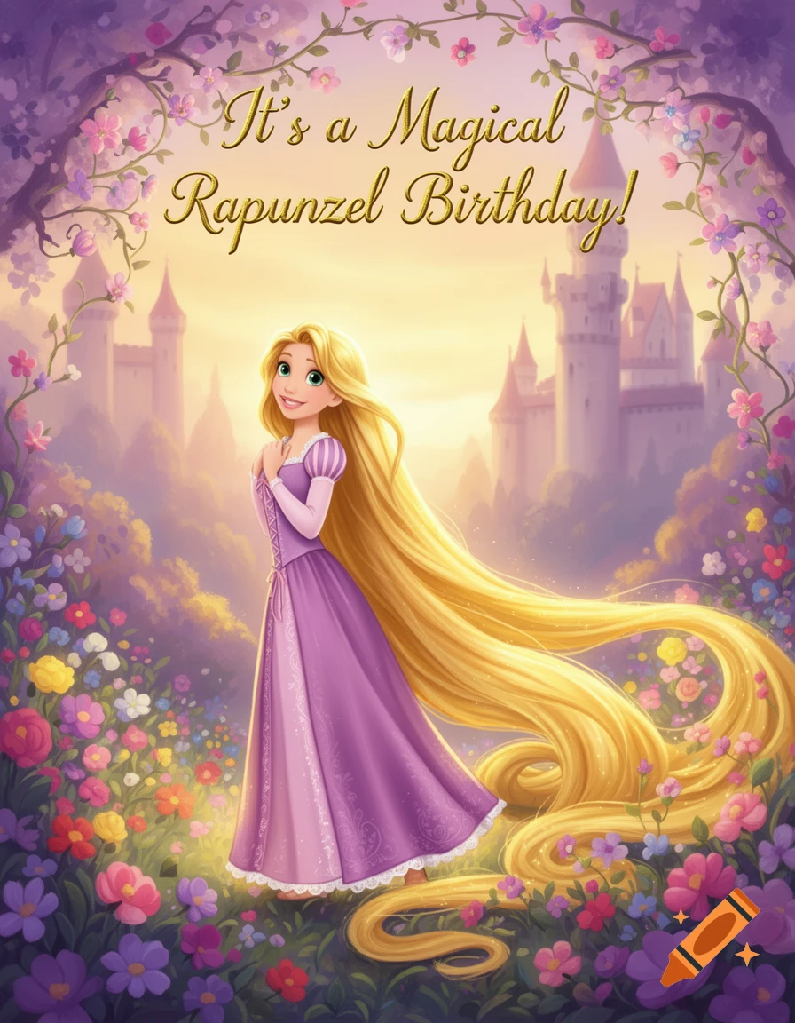 Rapunzel in a purple dress with flowing golden hair, standing in a magical flower garden with castles, text 'It's a Magical Rapunzel Birthday!'