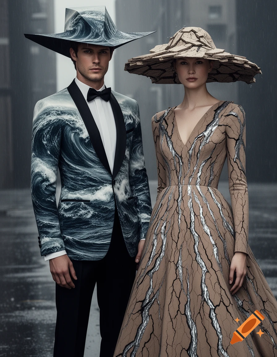 A man in a wave-patterned tuxedo and hat stands next to a woman in a cracked-earth-patterned dress and hat on a wet street.