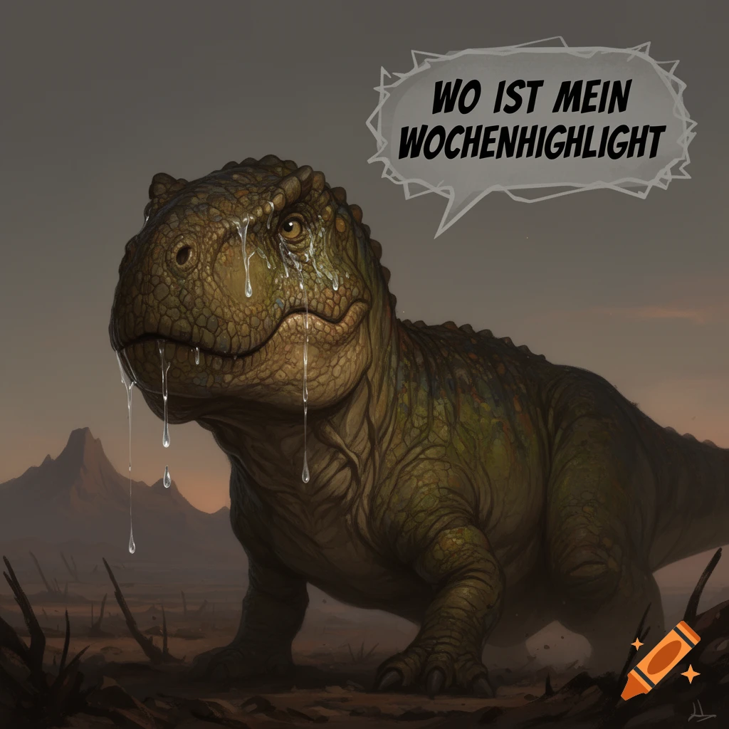 A crying green dinosaur with tears and drool, asking "WO IST MEIN WOCHENHIGHLIGHT" in a speech bubble, in a desolate setting.