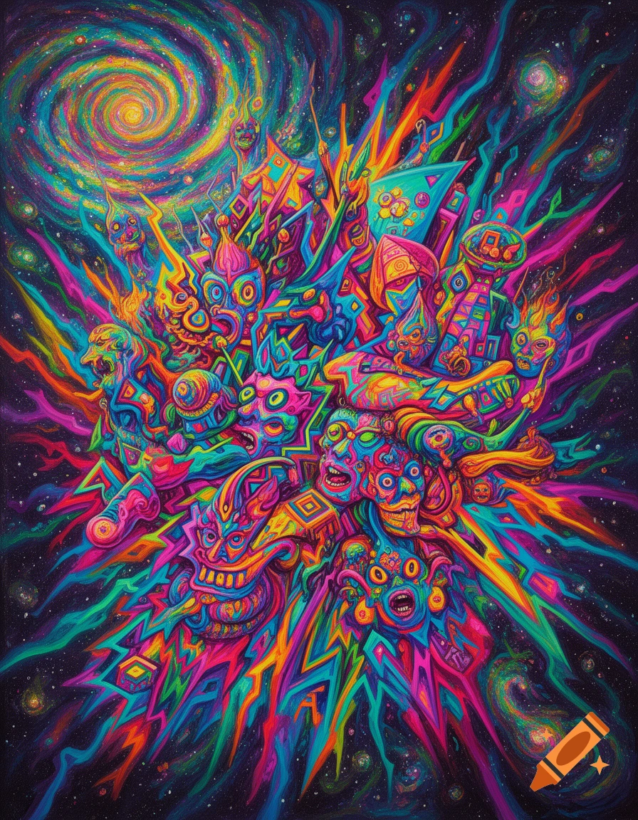 Vibrant psychedelic abstract art with swirling cosmic patterns and intertwined distorted faces in neon colors.