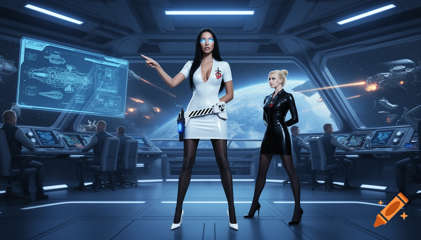 Photorealistic image of two women in a futuristic spaceship bridge during a space battle. A woman in a white latex dress points to a holographic screen with ship blueprints, while another in a black latex outfit stands beside her.