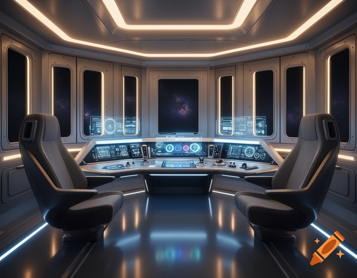 A sleek, modern spaceship cockpit with two ergonomic chairs facing a console filled with glowing blue screens and windows revealing a starry space view.
