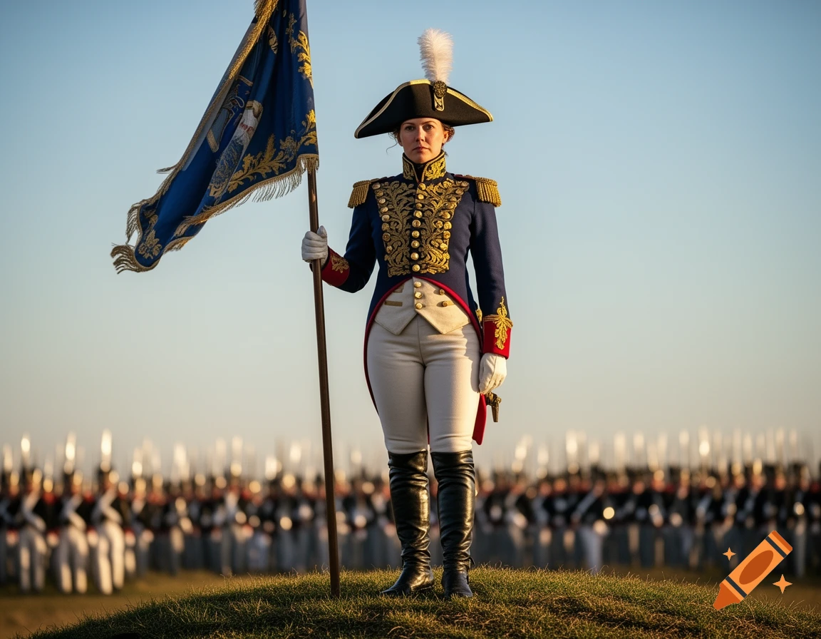 A woman in a blue and gold Napoleonic military uniform stands on a grassy hill, holding a flag, with blurred soldiers behind her.