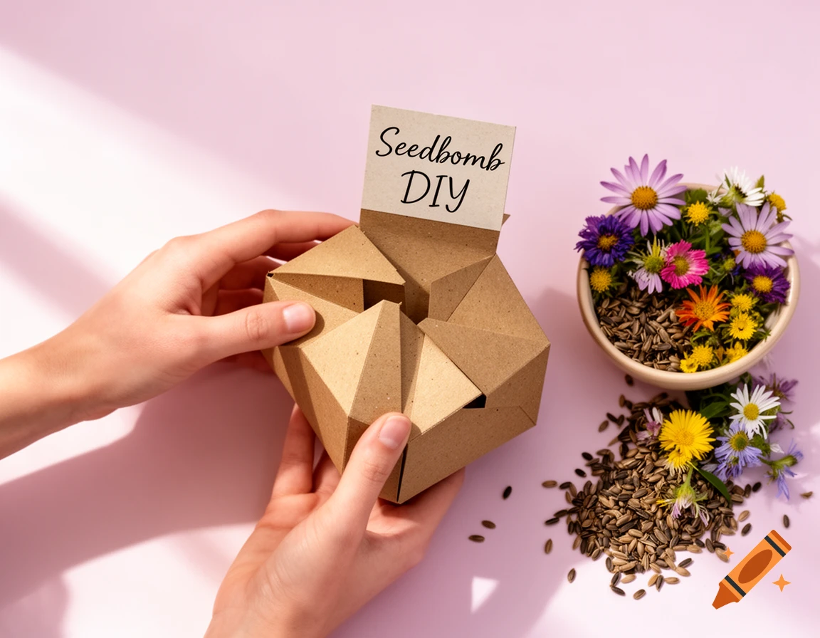 Hands hold a brown cardboard seedbomb package with a 'Seedbomb DIY' tag, surrounded by loose seeds and colorful flowers on a pink surface.