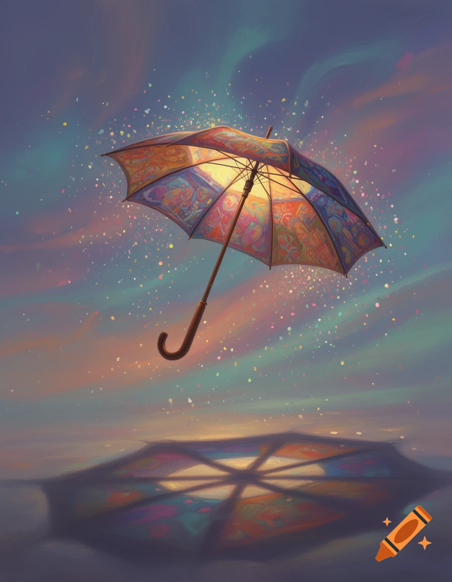 A colorful, patterned umbrella floats in a dreamy, sparkling sky, reflecting below in a painterly style.