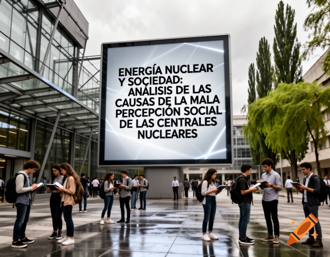 Students stand on a modern university campus plaza with a large outdoor screen displaying text about nuclear energy and society.