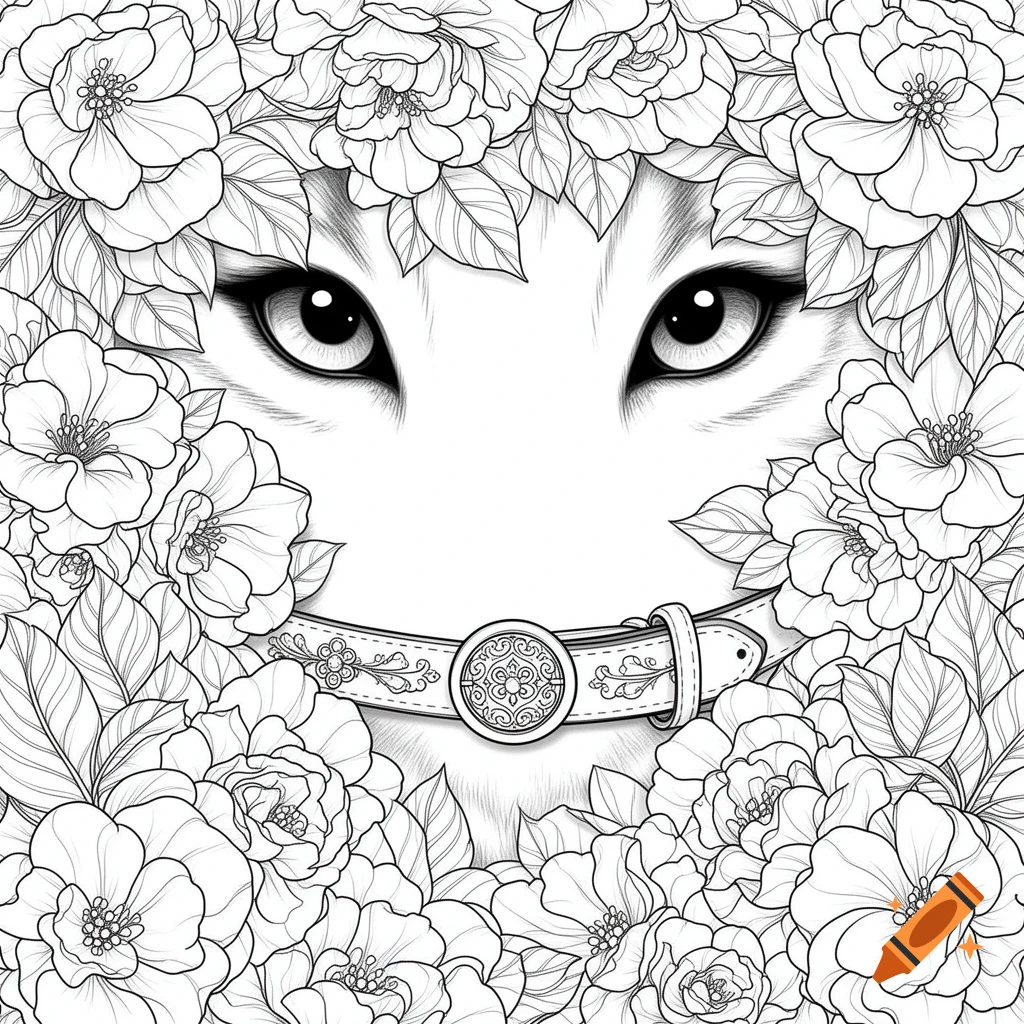 Close-up line art of cat's eyes peering through a dense frame of flowers, wearing a decorative collar, designed for coloring.