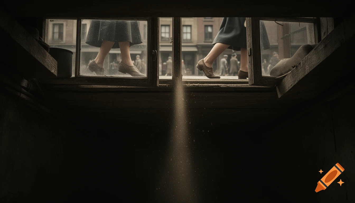 Low angle view from a dark cellar looking up through a window at women's feet and legs walking on a street above.