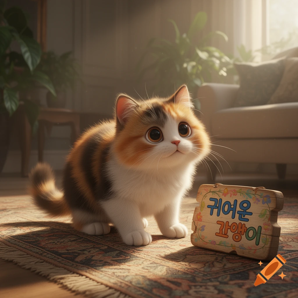 A fluffy calico cat with big eyes looking up, sitting on a patterned rug next to a wooden sign reading 'Cute Cat'.