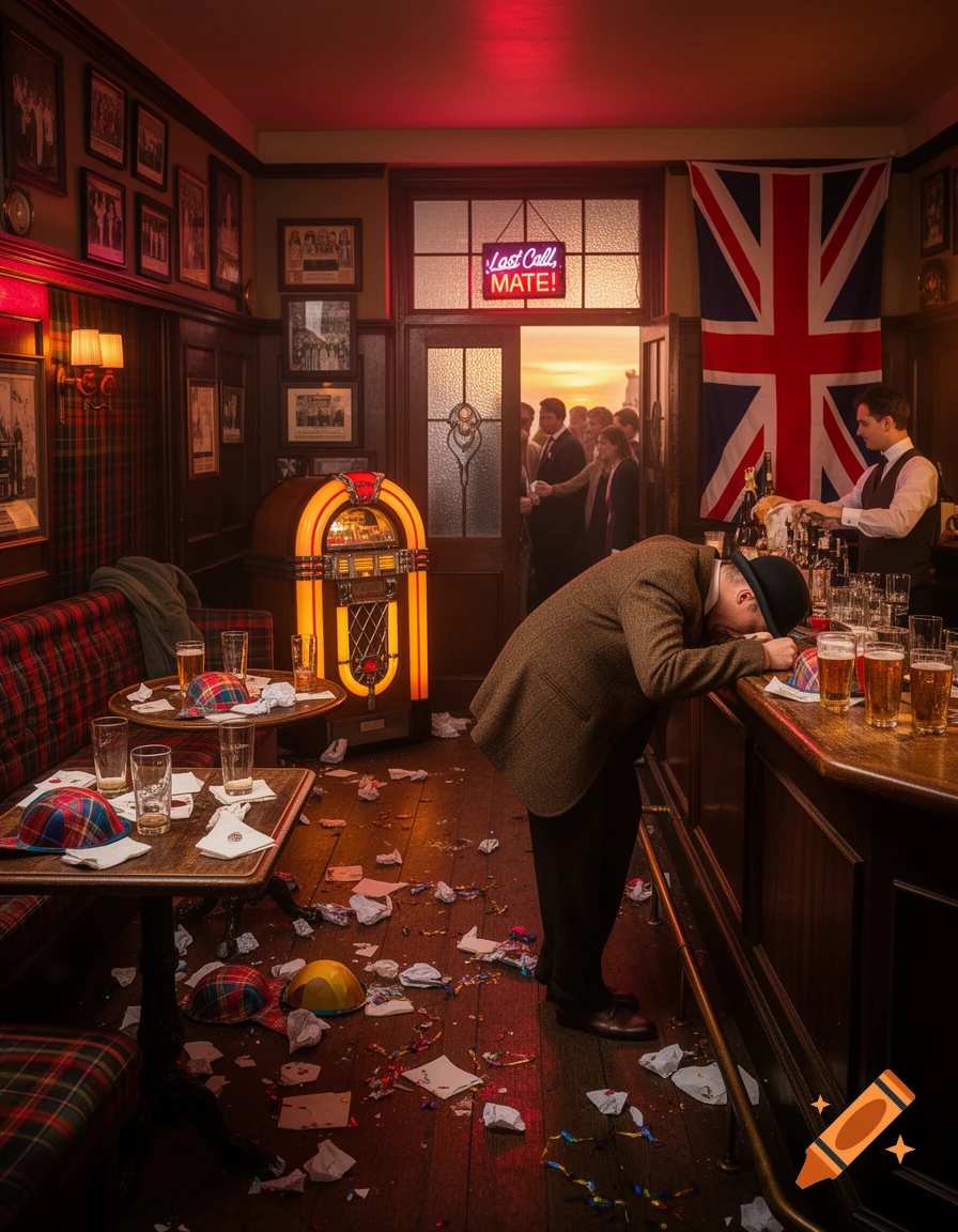 A man leans over a bar in a messy, crowded British pub at closing time, with a Union Jack flag on the wall.