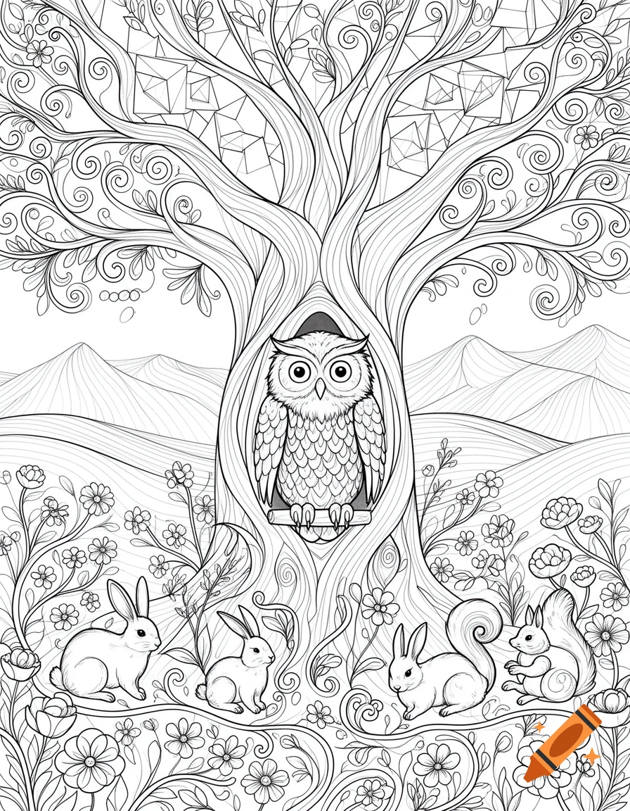 A black and white coloring book page depicting an owl in a tree, with rabbits, squirrels, flowers, and mountains.