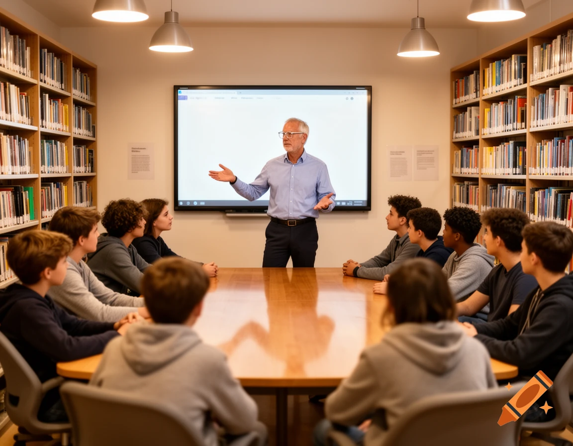 A teacher stands in front of a large screen, addressing a group of students seated around a wooden table in a library with bookshelves.